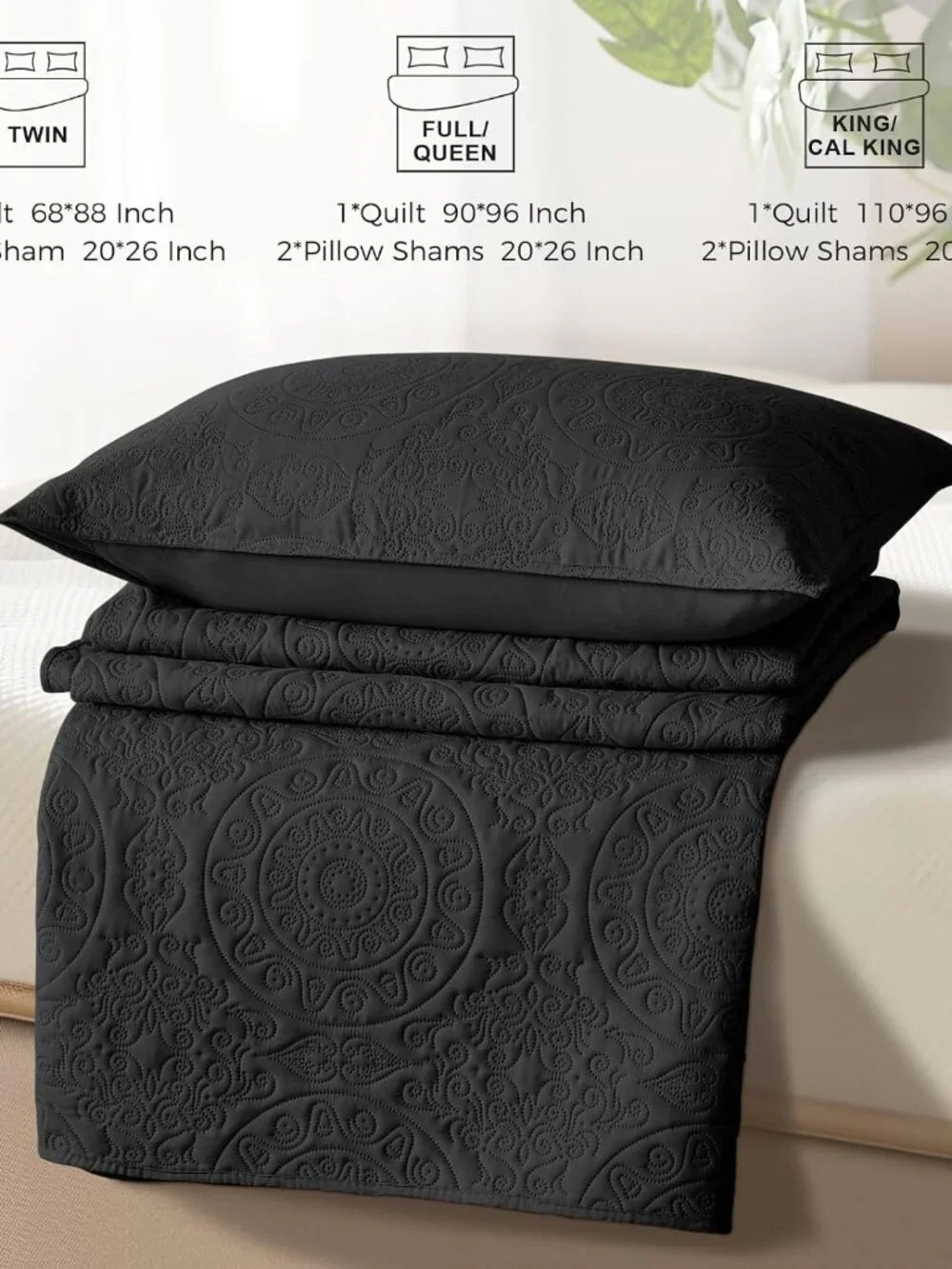 Black Embossed Reversible Lightweight 3-Piece Quilt Set